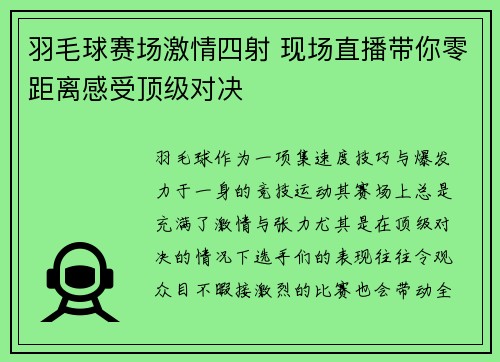 羽毛球赛场激情四射 现场直播带你零距离感受顶级对决