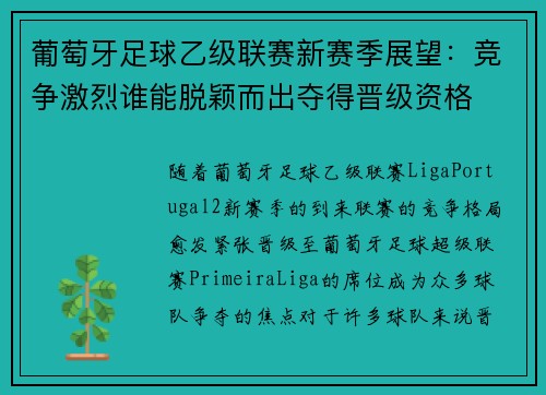 葡萄牙足球乙级联赛新赛季展望：竞争激烈谁能脱颖而出夺得晋级资格