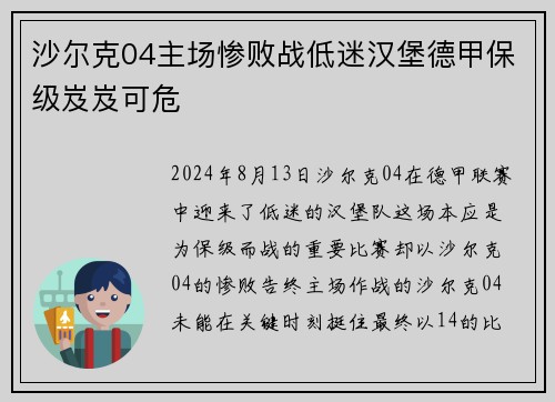 沙尔克04主场惨败战低迷汉堡德甲保级岌岌可危