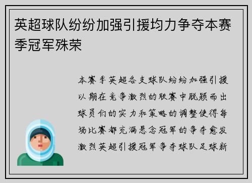 英超球队纷纷加强引援均力争夺本赛季冠军殊荣