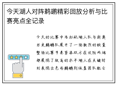 今天湖人对阵鹈鹕精彩回放分析与比赛亮点全记录