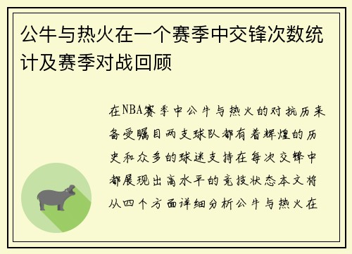 公牛与热火在一个赛季中交锋次数统计及赛季对战回顾